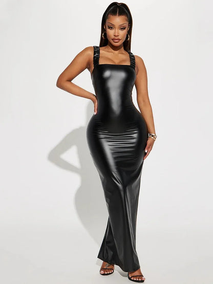Robe Longue Grande Taille en Similicuir à Col Carré