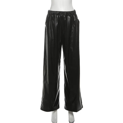 Pantalon large femme en simili cuir PU à taille élastique