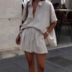 Ensemble deux pièces décontracté rayé en coton lin chemise ample et shorts pour femmes