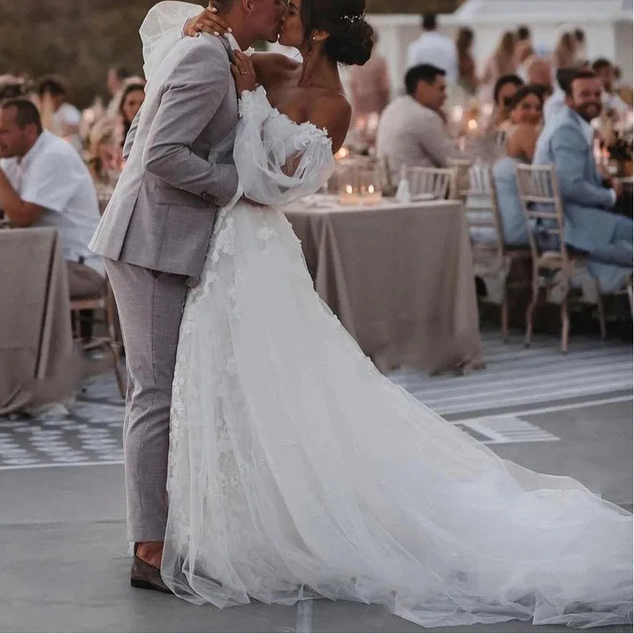 Robe de mariée sirène épaules dénudées à manches bouffantes pour femmes