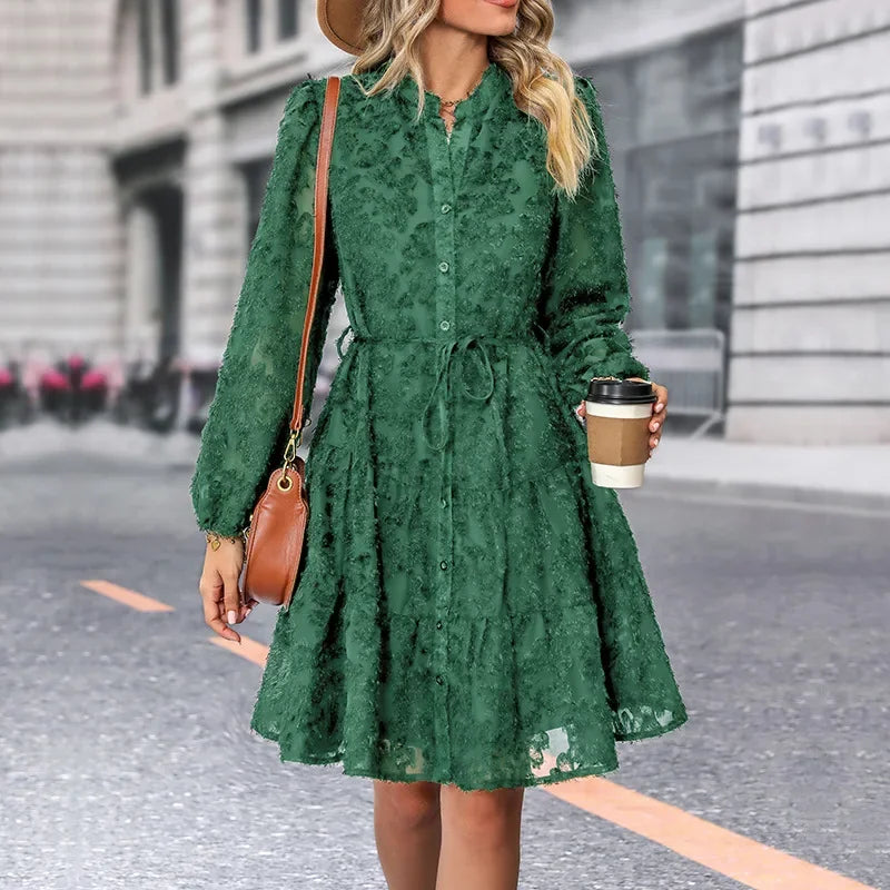 Robe mi-longue à manches longues en dentelle pour femmes