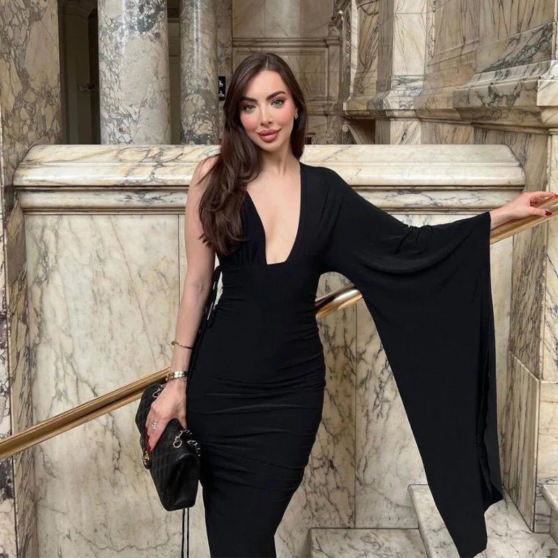 Robe longue dos nu à une manche et décolleté plongeant pour femmes