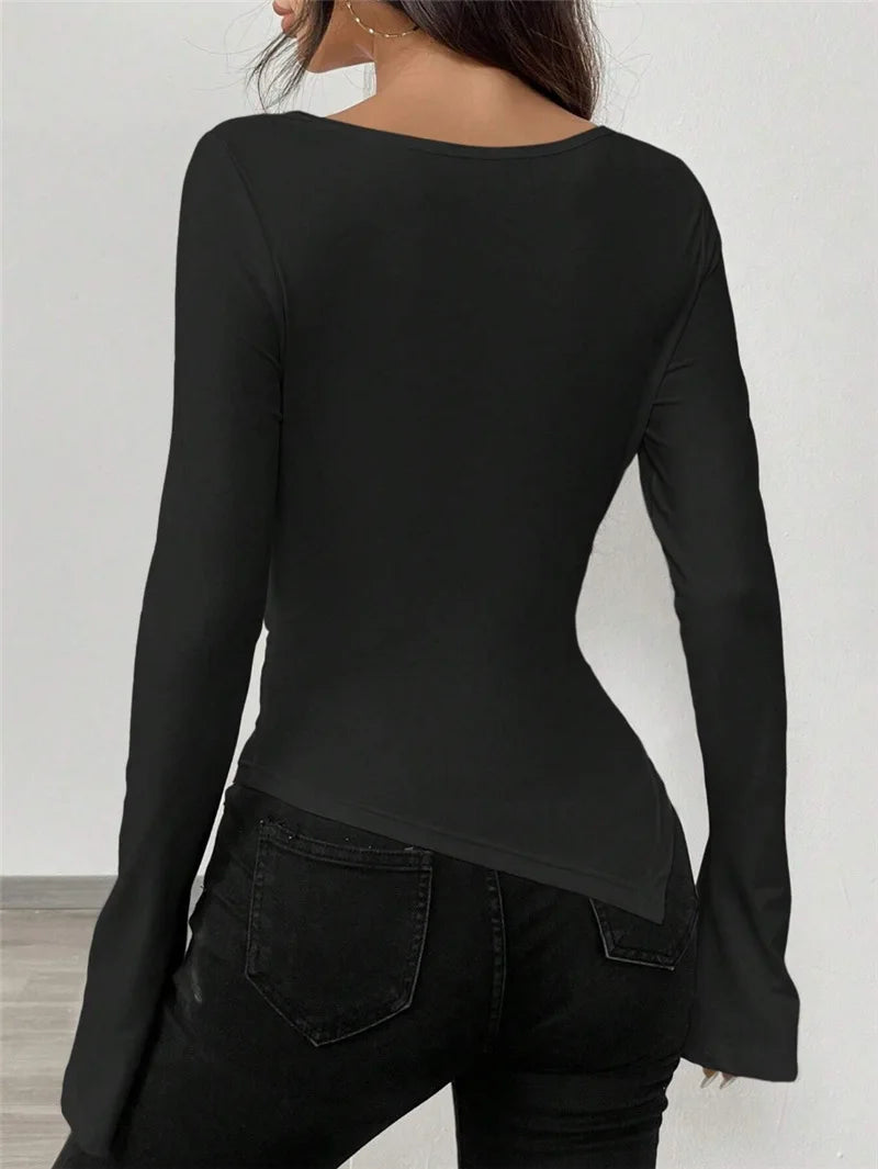 T-shirt à col en V épaules et dénudées à manches longues pour femmes