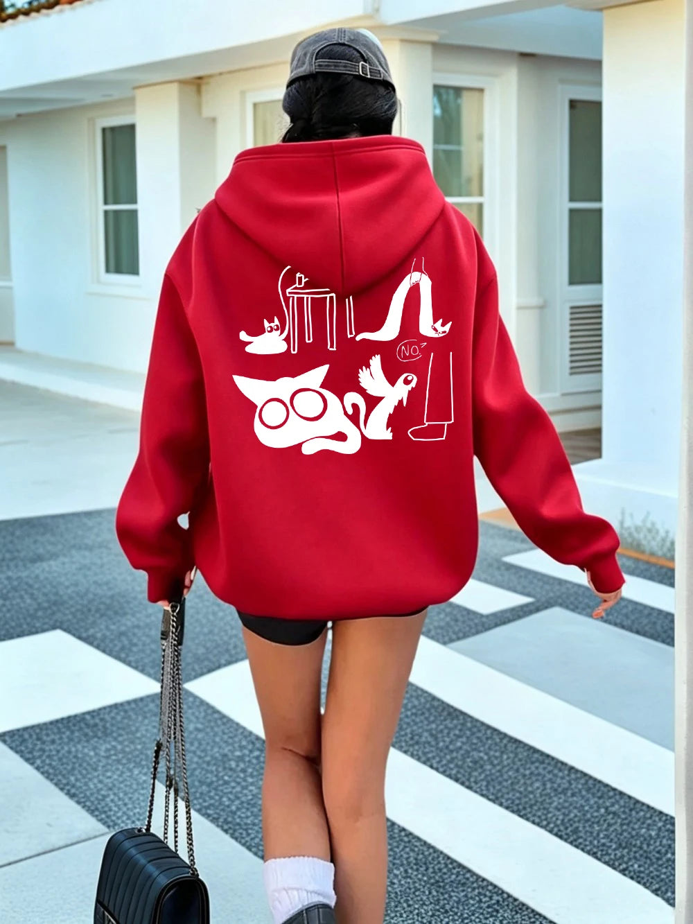 Sweat à capuche imprimé chat rigolo pour femmes
