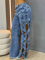Jean large à ourlet brut et découpes latérales coupe droite taille haute pour femmes