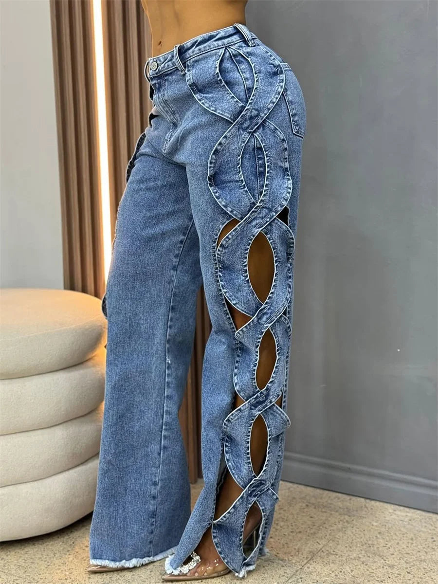 Jean large à ourlet brut et découpes latérales coupe droite taille haute pour femmes