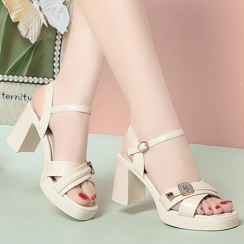 Sandales en cristal en cuir talons pour femmes
