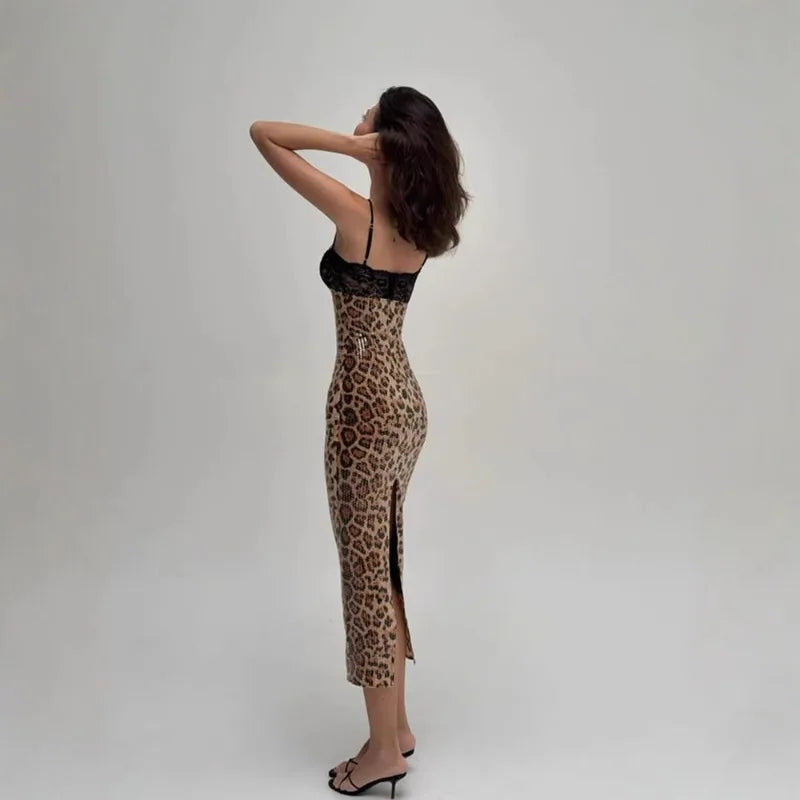 Robe longue à sequins imprimé léopard pour femmes