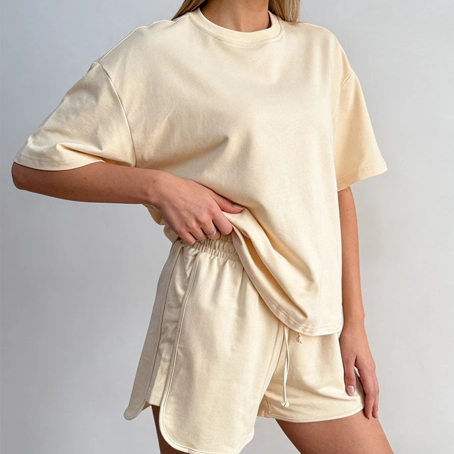 Ensembles en coton deux pièces, t-shirts à manches courtes et shorts taille haute pour femmes