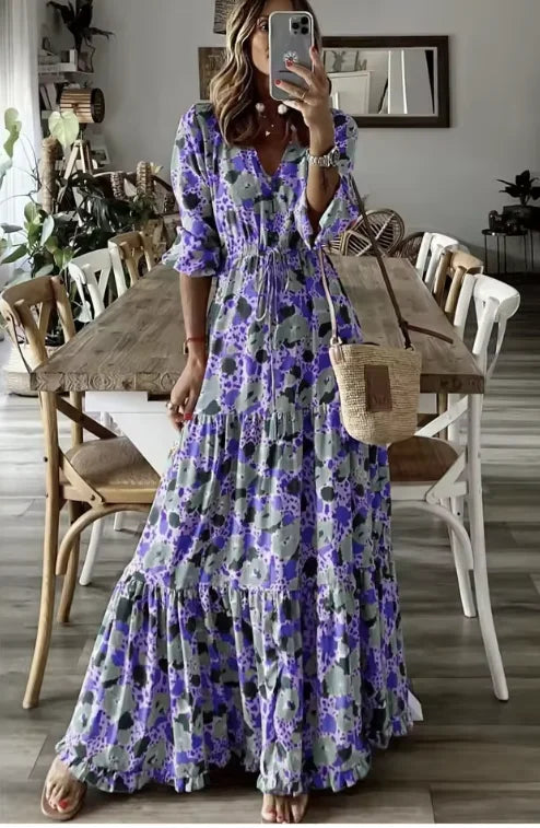 Robe longue bohème à imprimé floral et col en V pour femmes