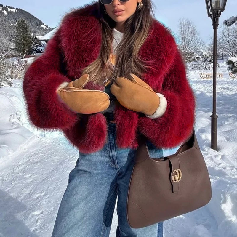Manteau femme en fausse fourrure douce à col revers