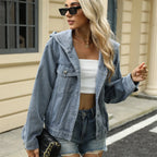 Veste en jean délavée à capuche vintage pour femmes