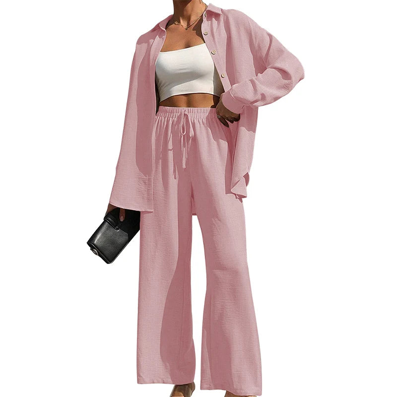 Ensemble deux pièces chemise boutonnée unie et pantalon large à nouer sur le devant pour femmes