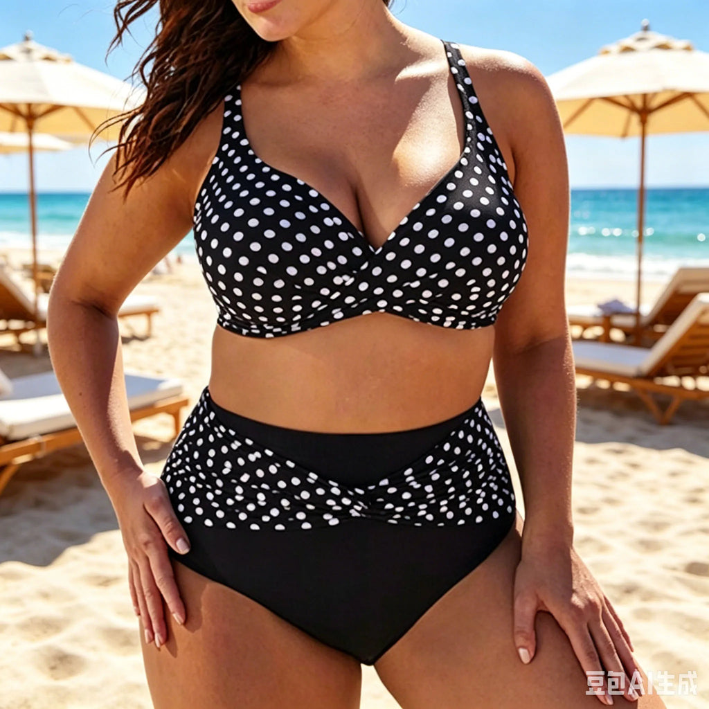 Maillot de bain deux pièces grande taille à pois pour femmes