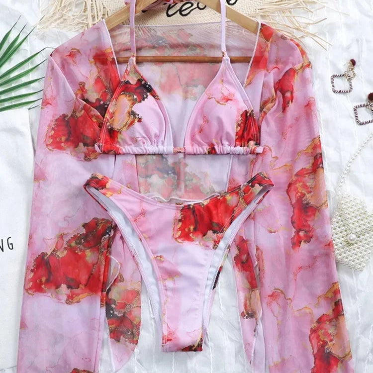 Maillot de bain trois pièces Push Up imprimé marbre, col en v, à armatures, pour femmes
