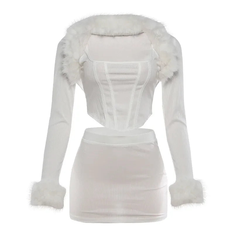 Ensemble haut Corset en Patchwork de fourrure et mini jupe pour femmes