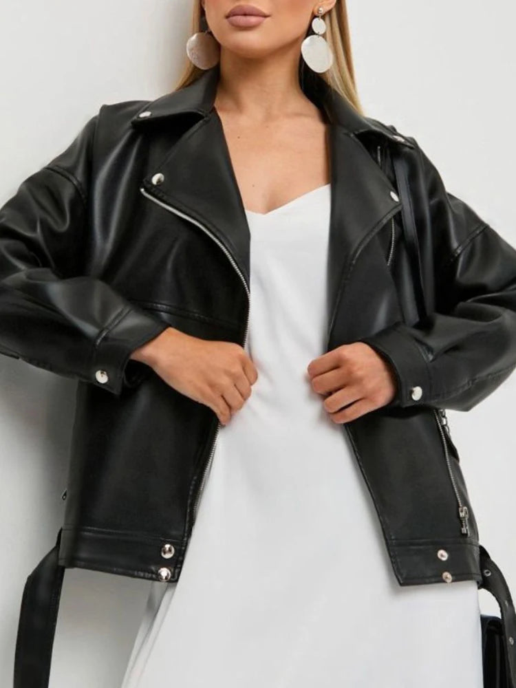 Veste ample noire en similicuir PU pour femmes