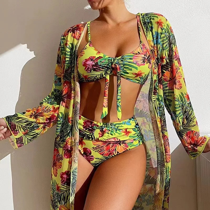 Maillot de bain trois pièces imprimé Floral, Sexy, taille haute, pour femmes