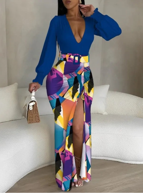 Robe longue imprimée à col en v pour femmes