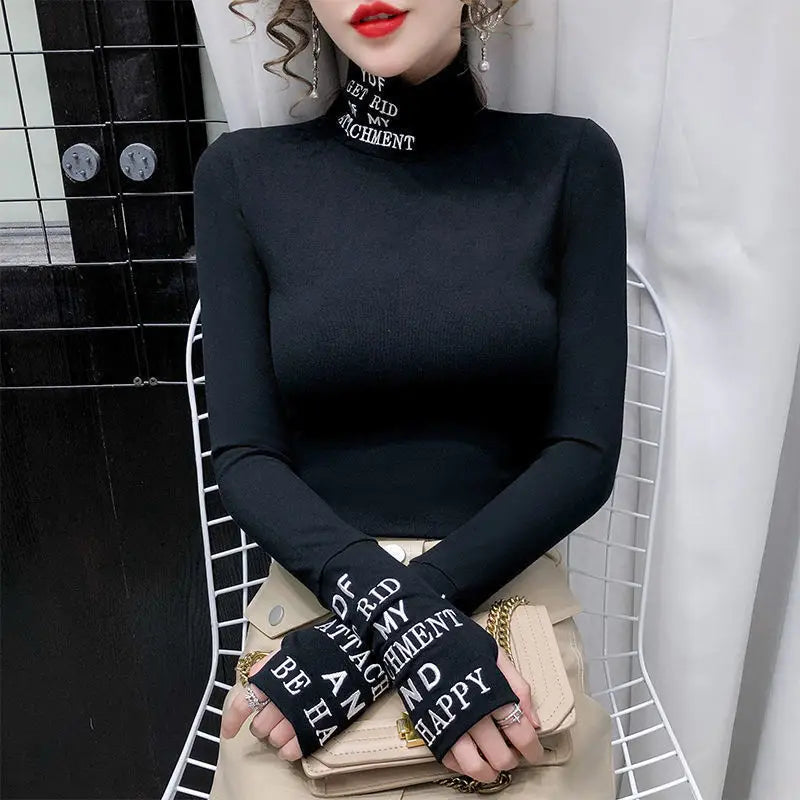 T-shirt à manches longues et col roulé en coton pour femmes