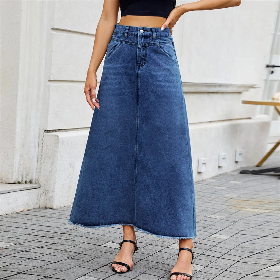 Jupe longue en jean vintage à poches amples et ourlet brut pour femmes