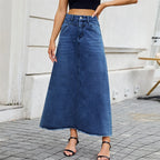 Jupe longue en jean vintage à poches amples et ourlet brut pour femmes