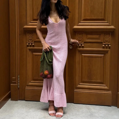 Robe Longue en Maille Texturée Femme – Fines Bretelles
