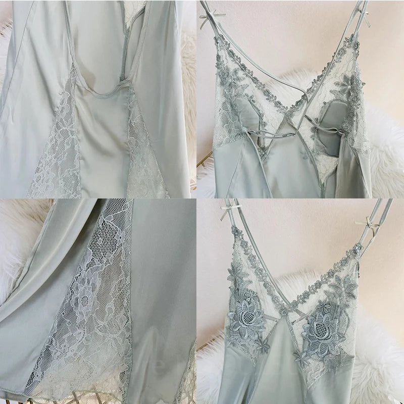Robe de nuit Sexy en Satin ajouré et bretelles en dentelle pour femmes