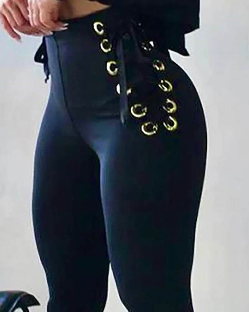 Pantalon slim sans ceinture décontracté taille haute femmes