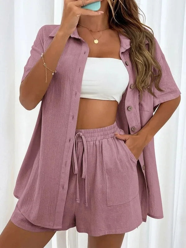 Ensemble haut à simple boutonnage et short à jambes larges pour femmes