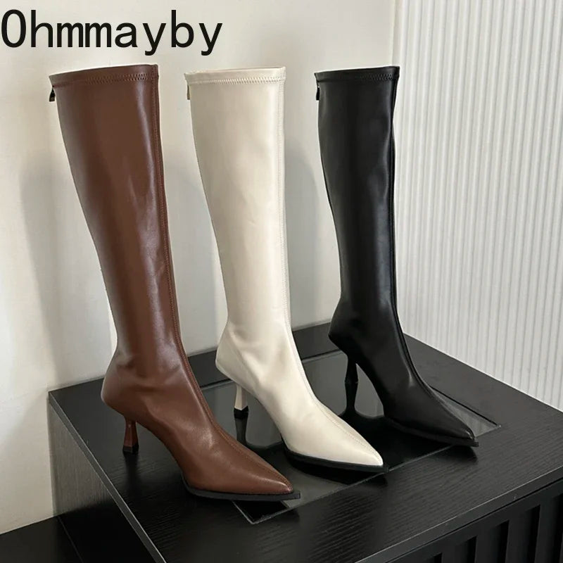 Bottes hautes en cuir souple à bout pointu pour femmes
