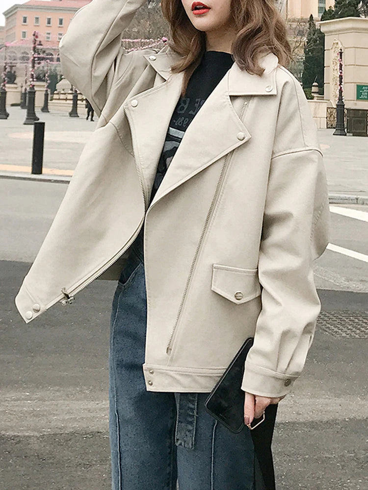 Veste en cuir PU ceinturé à manches longues pour femmes