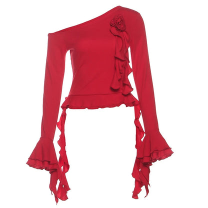 Top femme asymétrique à fleurs 3D et épaule dénudée