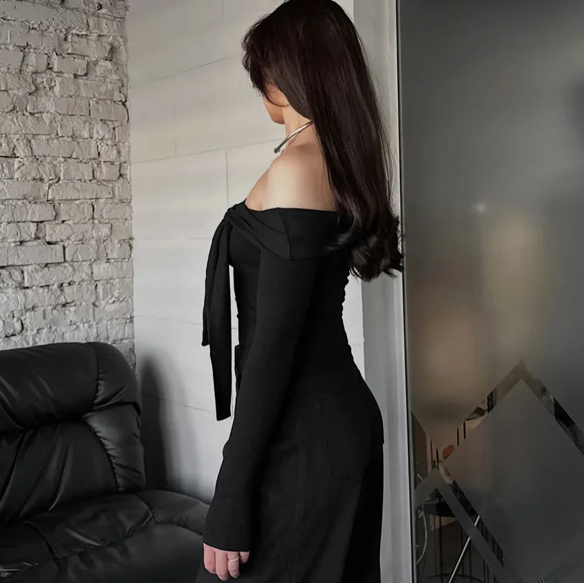 T-shirt moulant à manches longues et épaules dénudées avec nœud pour femmes