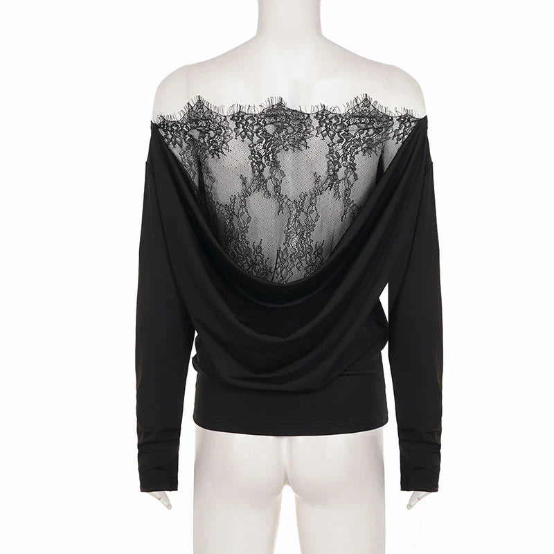 T-shirt Vintage Femme – Col Asymétrique et Dentelle