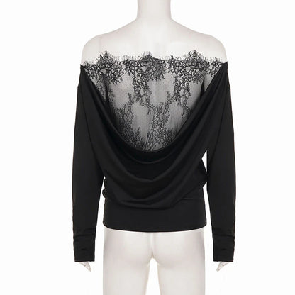T-shirt Vintage Femme – Col Asymétrique et Dentelle