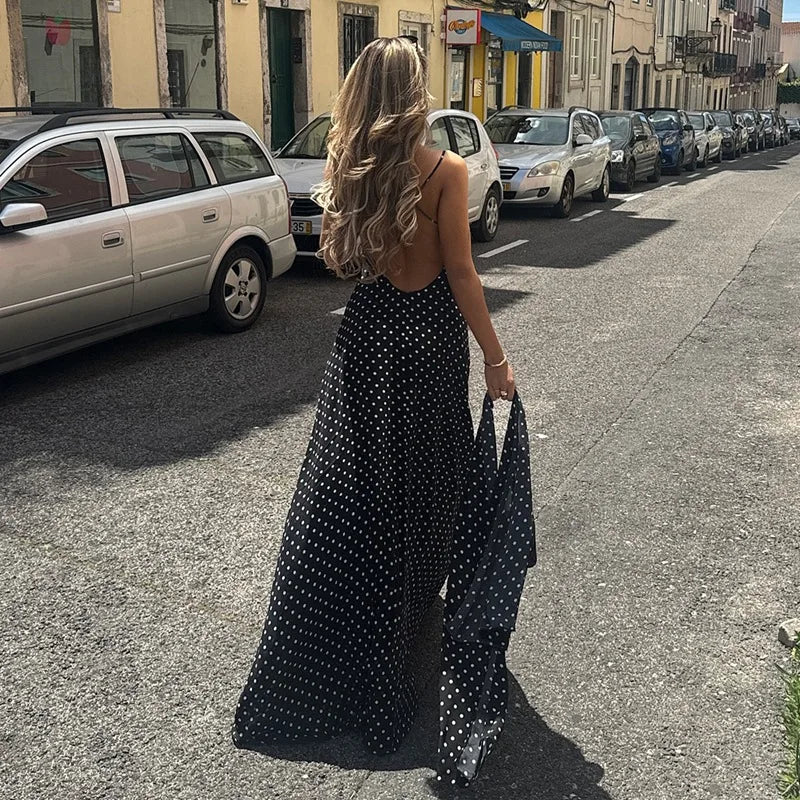 Robe longue slim noire à pois pour femmes