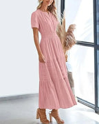 Robe longue plissée élégante style français à col en V pour femmes
