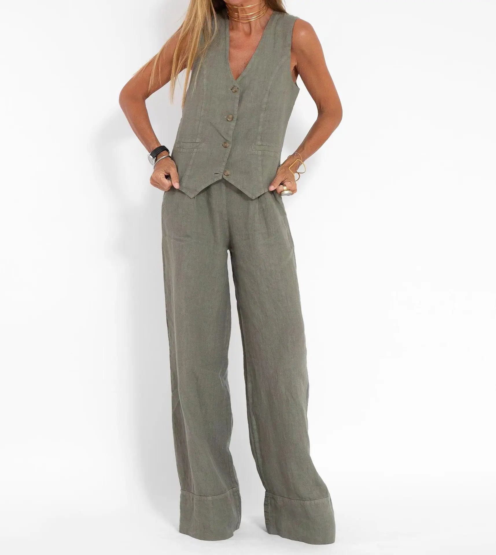 Ensemble deux pièces débardeur et pantalon en coton et lin pour femmes