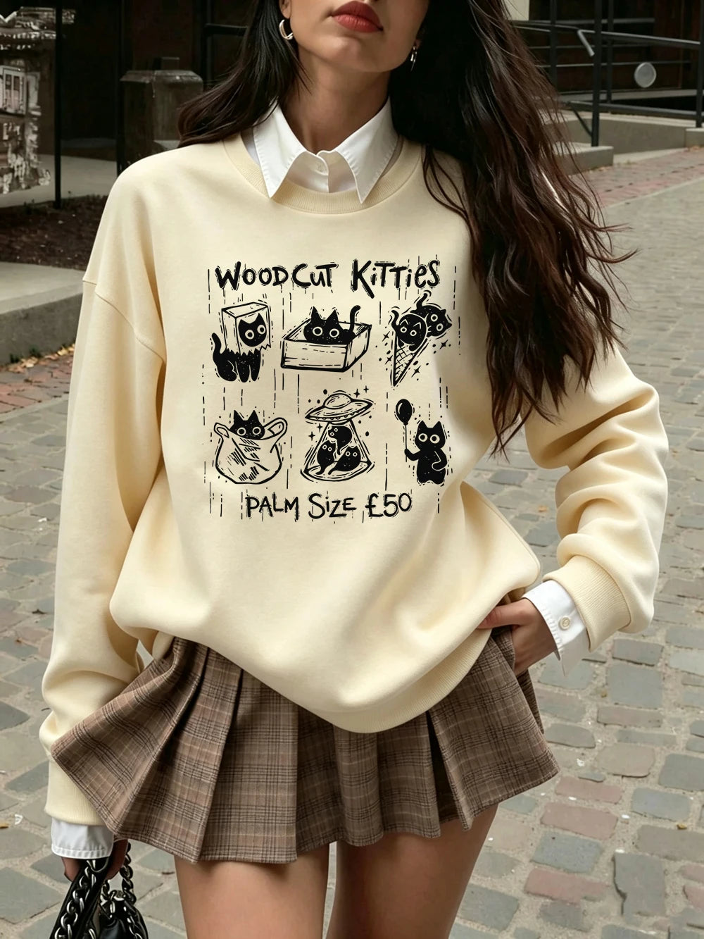 Sweat-shirt à capuche femme à col rond, imprimé chatons de poche pour femmes