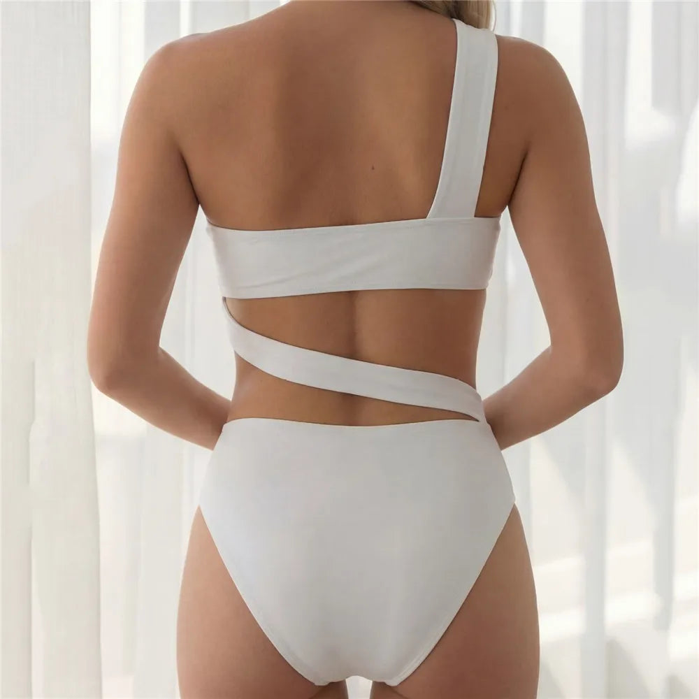 Maillot de bain une pièce blanc uni asymétrique à bandage sexy pour femmes