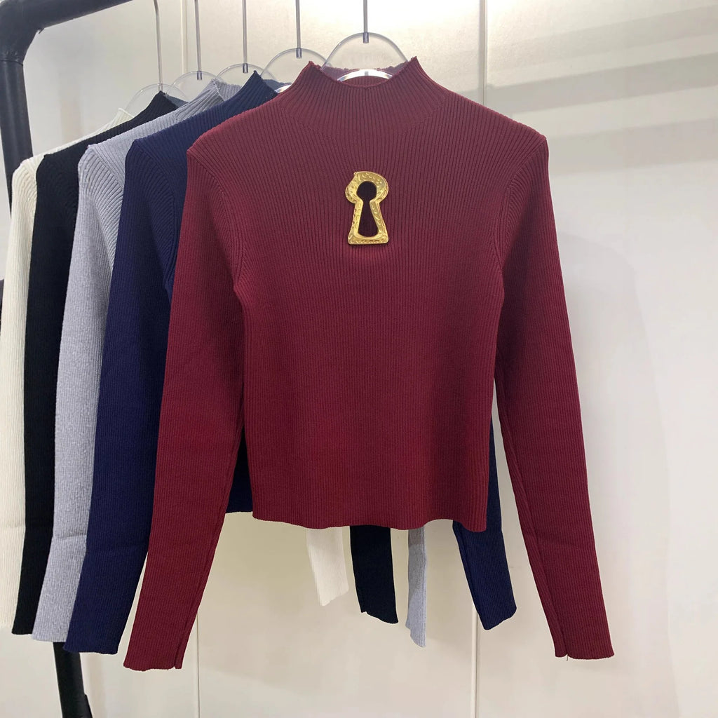 Pull tricoté ajouré à col mi-haut à manches longues pour femmes