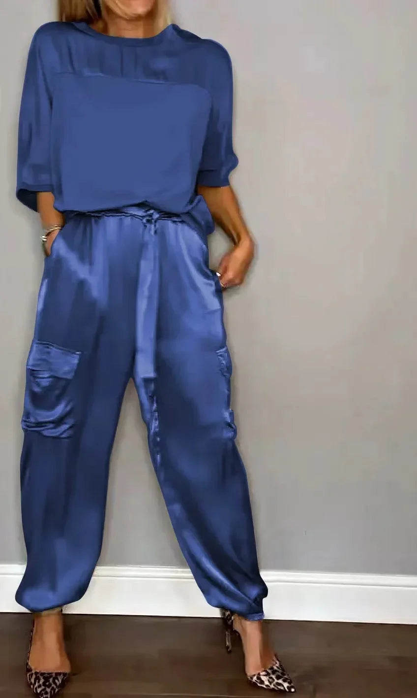 Ensemble deux pièces chemise à manches mi-longues et pantalon décontracté en satin lisse pour femmes