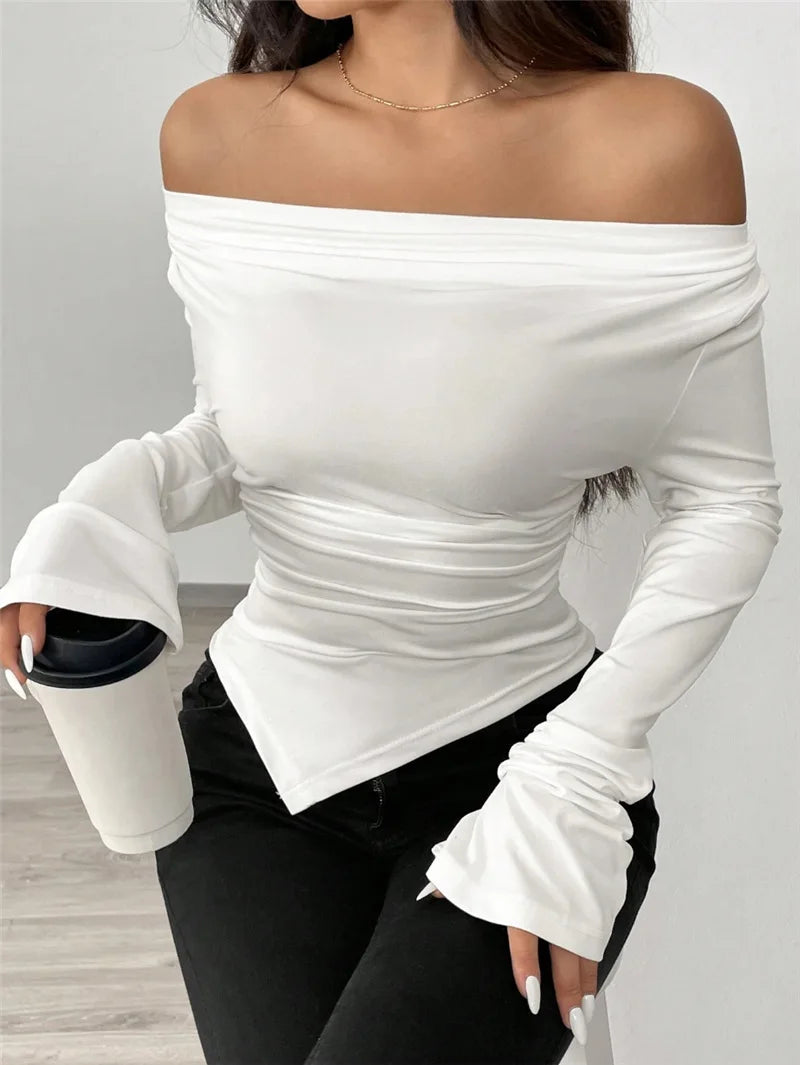 T-shirt à col en V épaules et dénudées à manches longues pour femmes