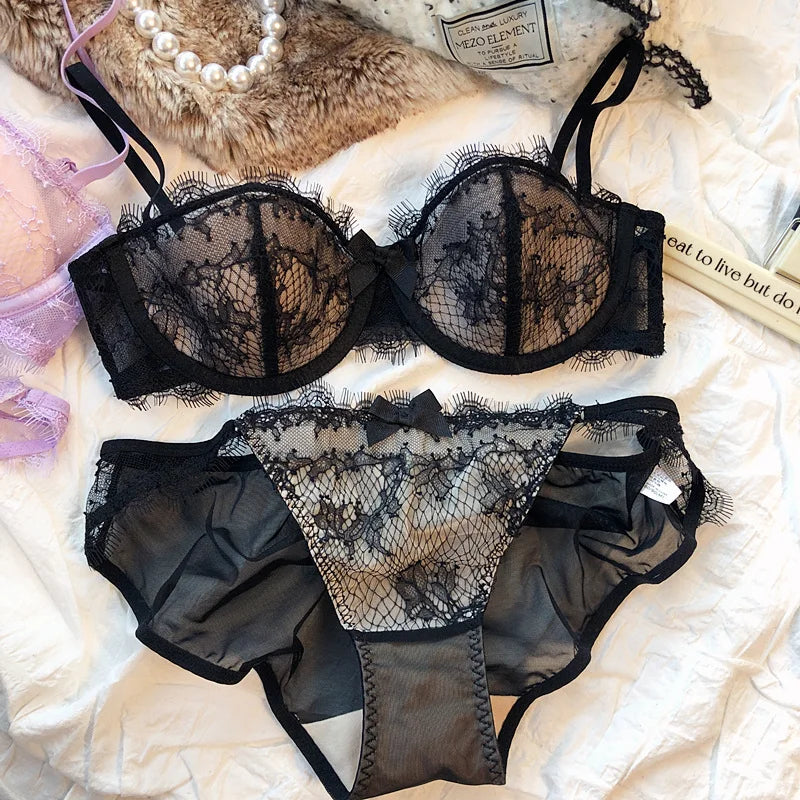Ensemble soutien-gorge 1/2 tasse Push Up et culotte en dentelle pour femmes