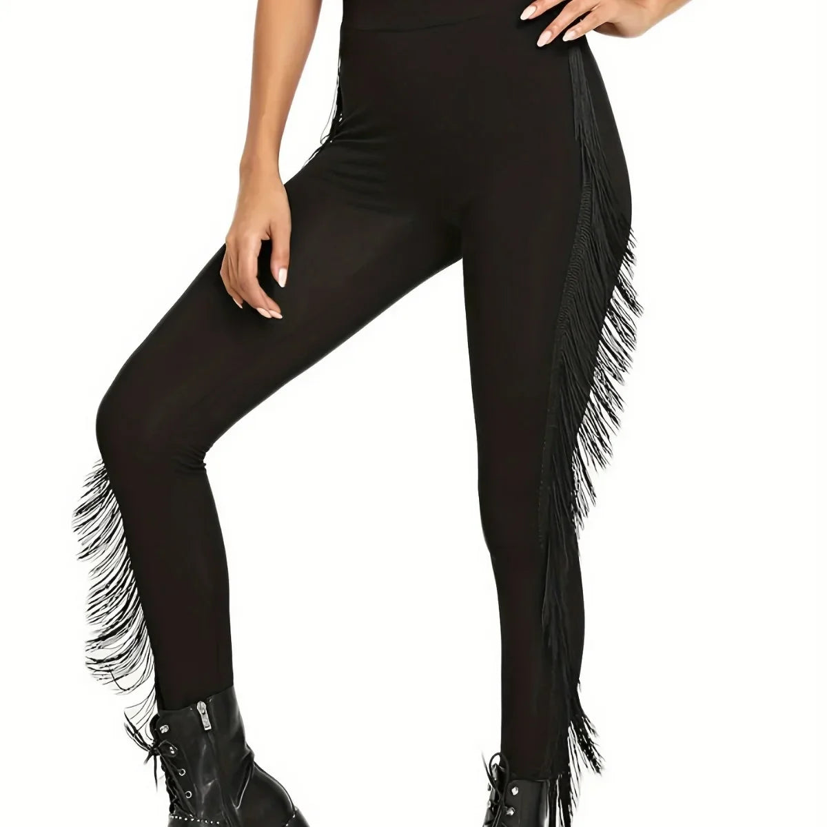Leggings noirs à franges décoratives pour femmes