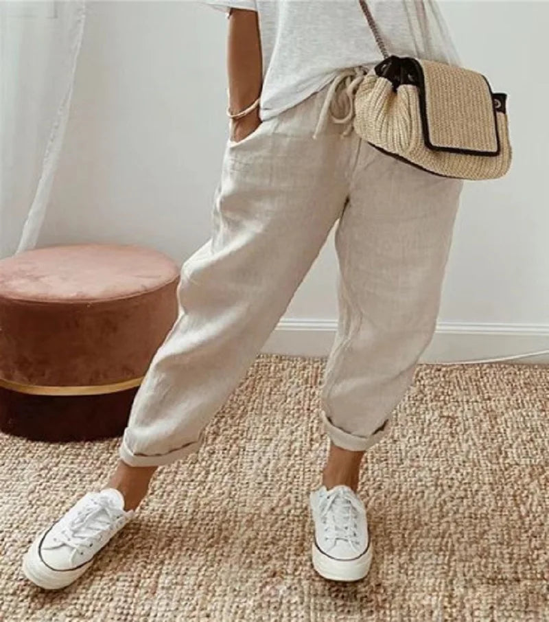 Pantalon court en coton et lin pour femmes