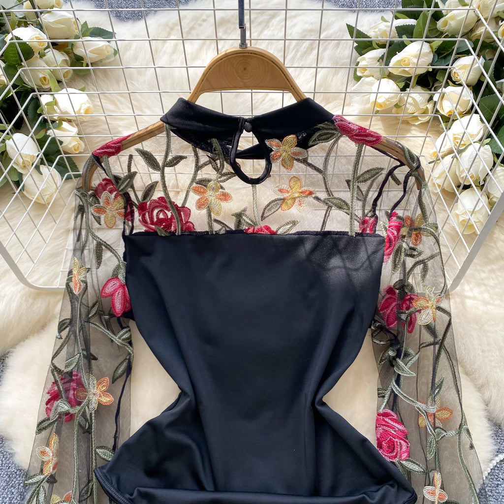 Bodys vintage broderie gaze col montant à manches longues pour femmes