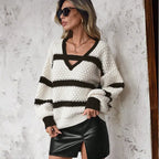 Pull rayé en maille à col V pour femmes