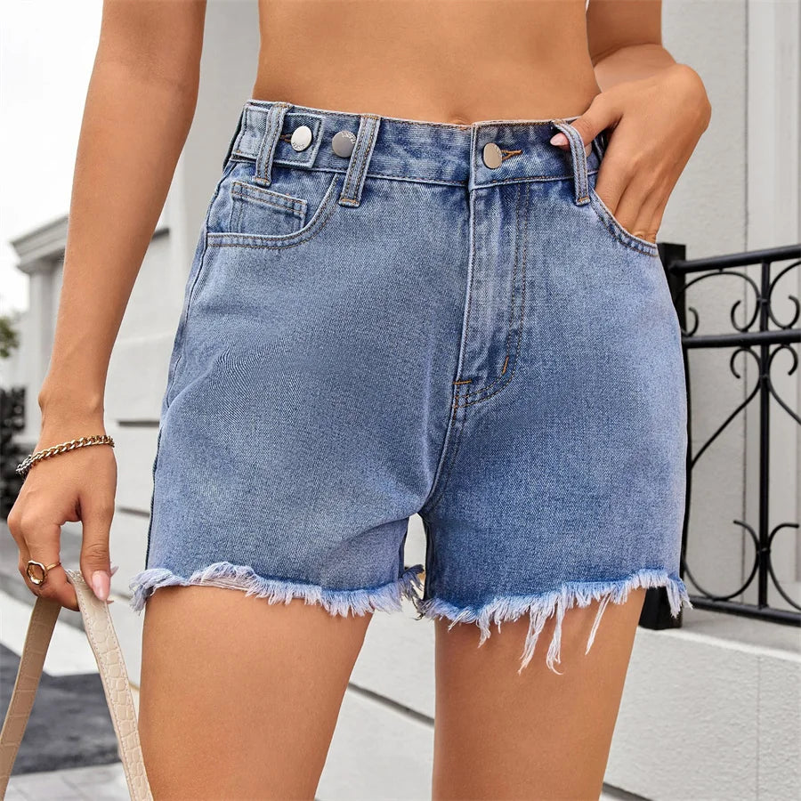 Short en jean décontracté délavé à ourlet frangé pour femmes